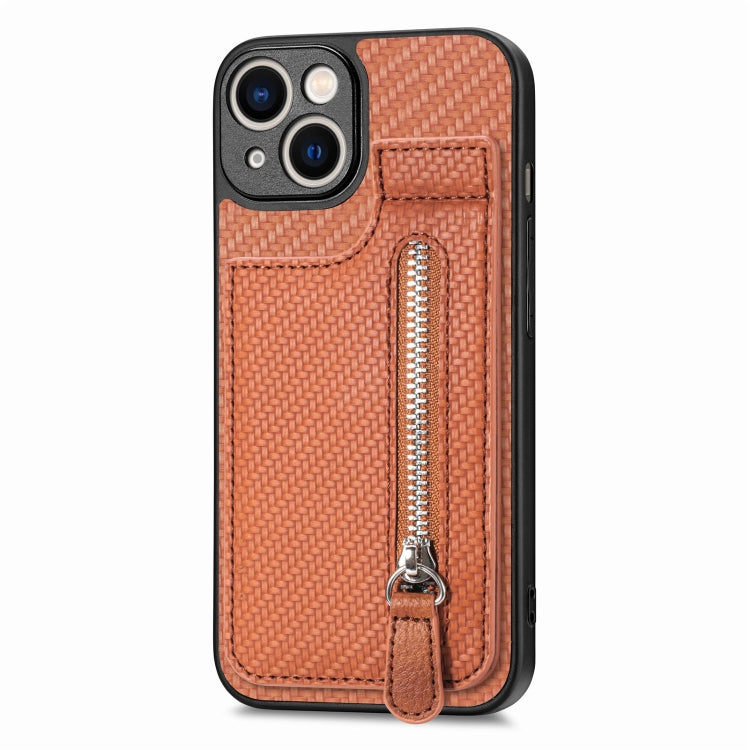 For iPhone 14 Plus Carbon Fiber Vertical Flip Zipper Phone Case(Brown)