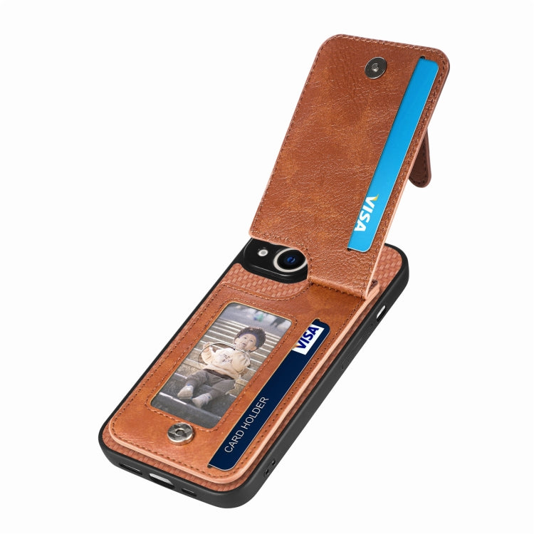 For iPhone 14 Plus Carbon Fiber Vertical Flip Zipper Phone Case(Brown)