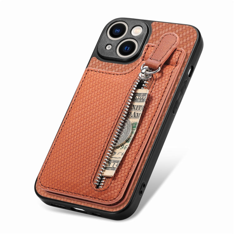 For iPhone 14 Plus Carbon Fiber Vertical Flip Zipper Phone Case(Brown)