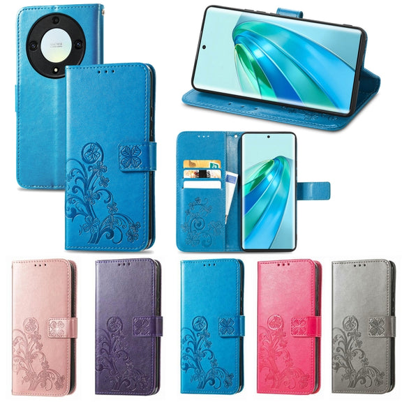 For Honor Magic5 Lite Four-leaf Clasp Embossed Buckle Leather Phone Case(Magenta)