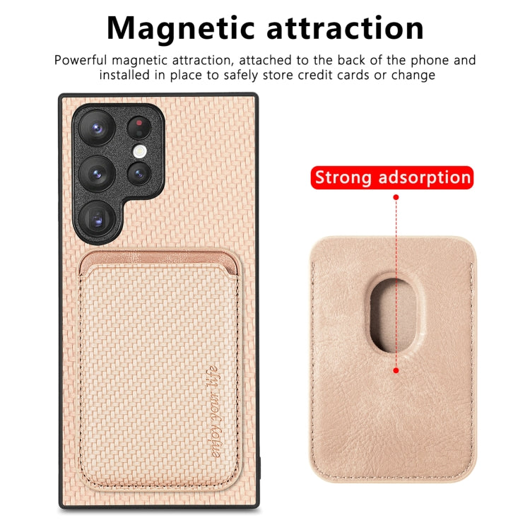 For Samsung Galaxy S22 5G Carbon Fiber Leather Card Magsafe Magnetic Phone Case(Khaki)