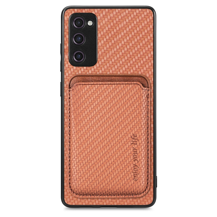 For Samsung Galaxy S21 FE 5G Carbon Fiber Leather Card Magsafe Magnetic Phone Case(Brown)