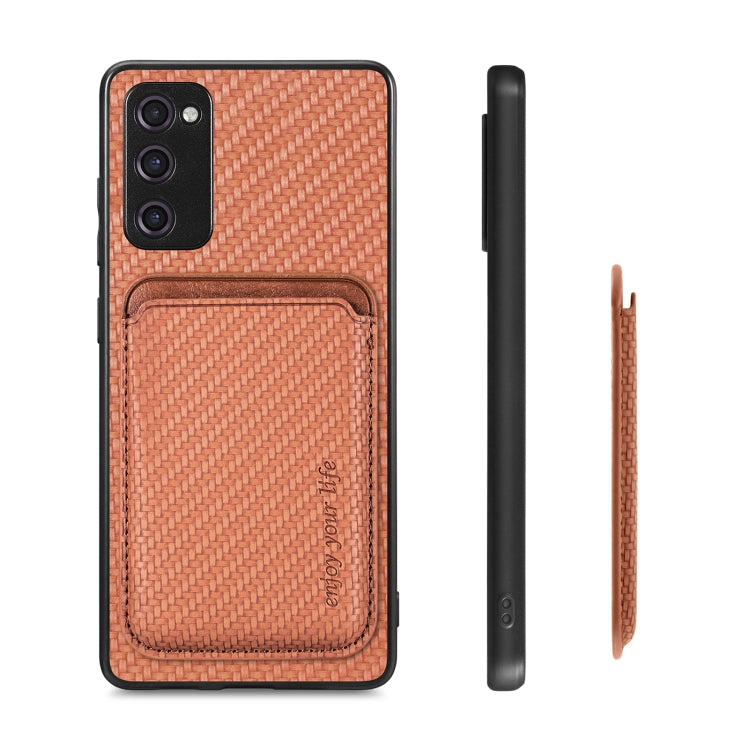For Samsung Galaxy S21 FE 5G Carbon Fiber Leather Card Magsafe Magnetic Phone Case(Brown)