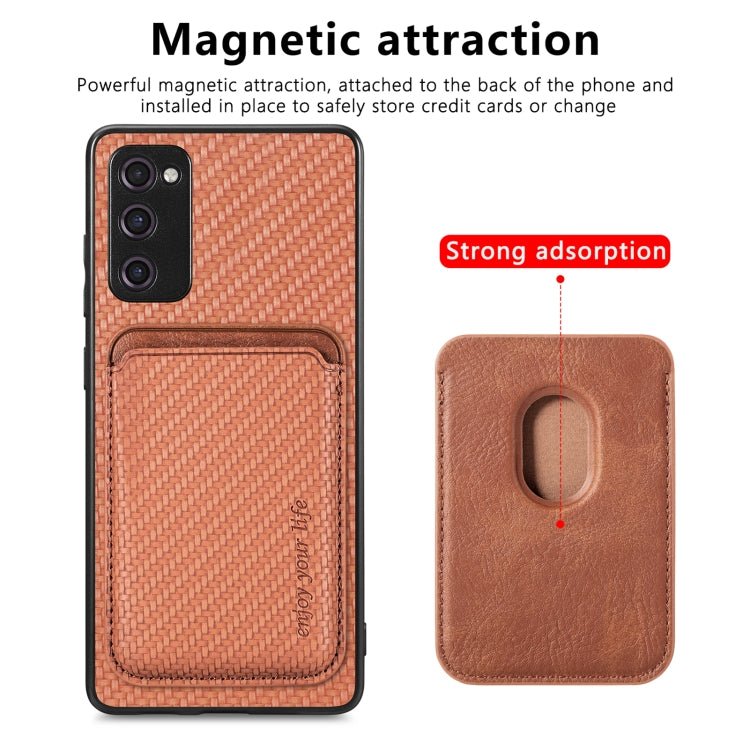 For Samsung Galaxy S21 FE 5G Carbon Fiber Leather Card Magsafe Magnetic Phone Case(Brown)