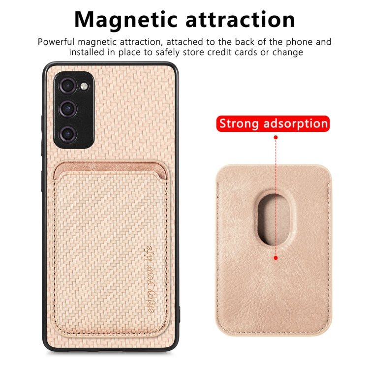 For Samsung Galaxy S21 FE 5G Carbon Fiber Leather Card Magsafe Magnetic Phone Case(Khaki)