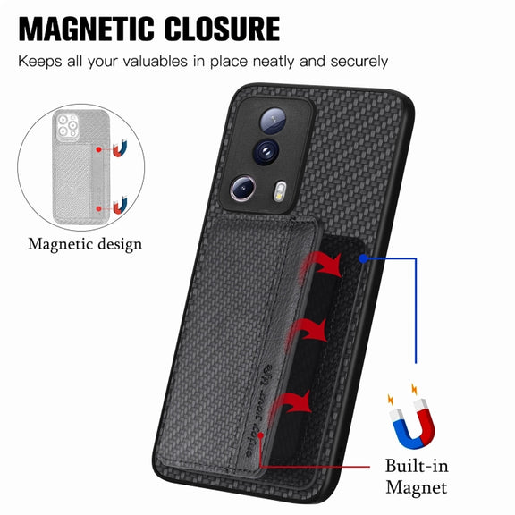 For Xiaomi 13 Lite Carbon Fiber Magnetic Card Bag Phone Case(Black)