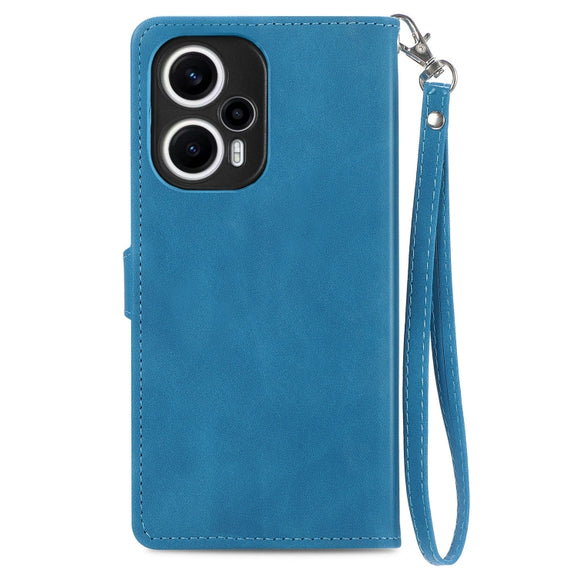 For Xiaomi POCO F5 Embossed Flower Zipper Leather Phone Case(Blue)