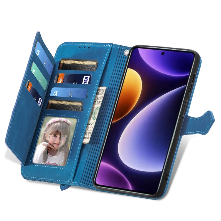 For Xiaomi POCO F5 Embossed Flower Zipper Leather Phone Case(Blue)