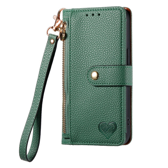 For iPhone 12 Pro Max Love Zipper Lanyard Leather Phone Case(Green)
