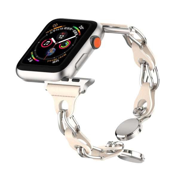 For Apple Watch 42mm Hollow Leather Chain Magnetic Buckle Watch Band(Starlight Color)