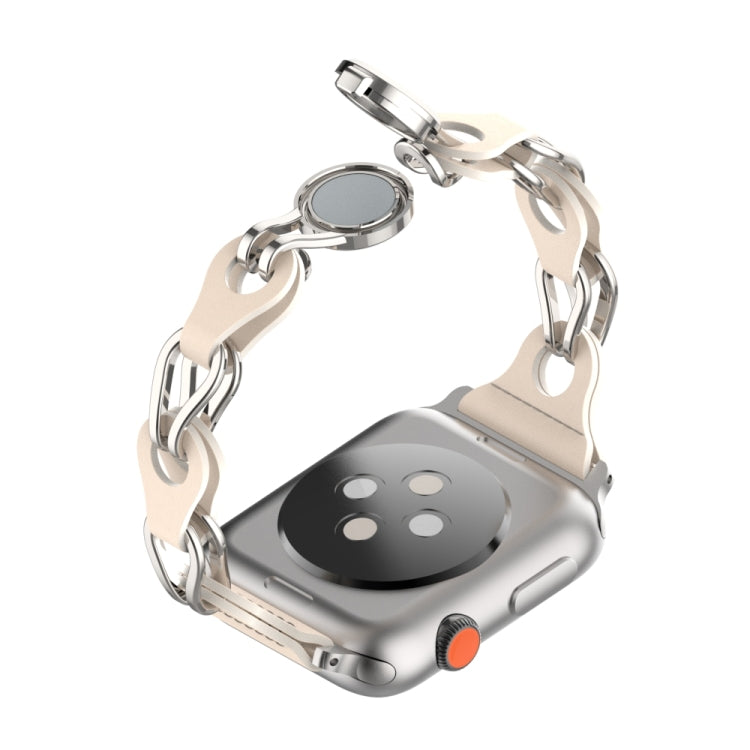 For Apple Watch 42mm Hollow Leather Chain Magnetic Buckle Watch Band(Starlight Color)
