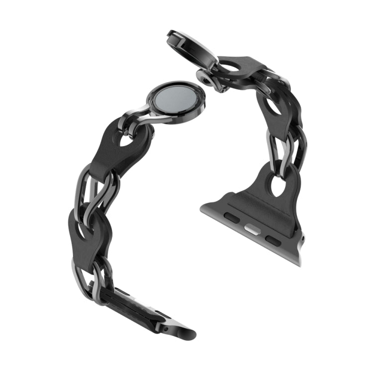 For Apple Watch 4 44mm Hollow Leather Chain Magnetic Buckle Watch Band(Black)