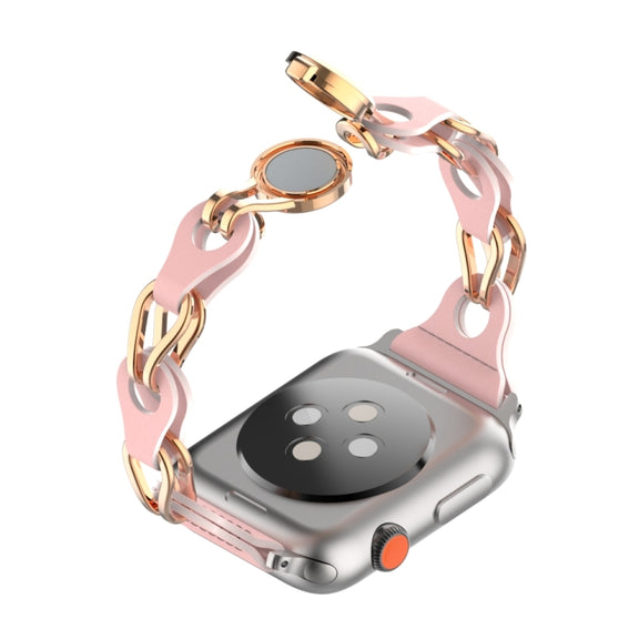 For Apple Watch 4 44mm Hollow Leather Chain Magnetic Buckle Watch Band(Pink)