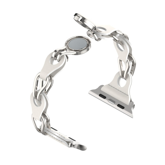 For Apple Watch 7 45mm Hollow Leather Chain Magnetic Buckle Watch Band(White)