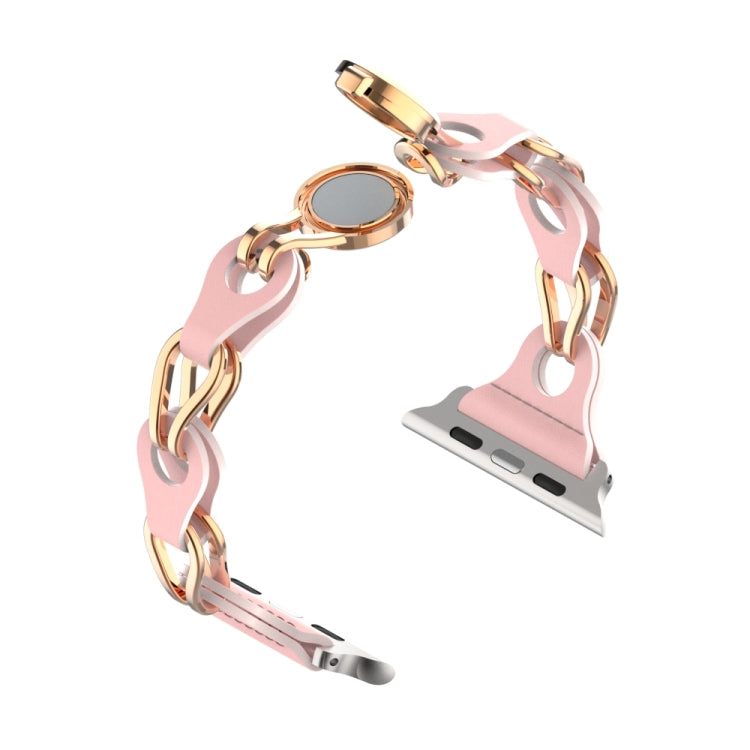 For Apple Watch 7 45mm Hollow Leather Chain Magnetic Buckle Watch Band(Pink)