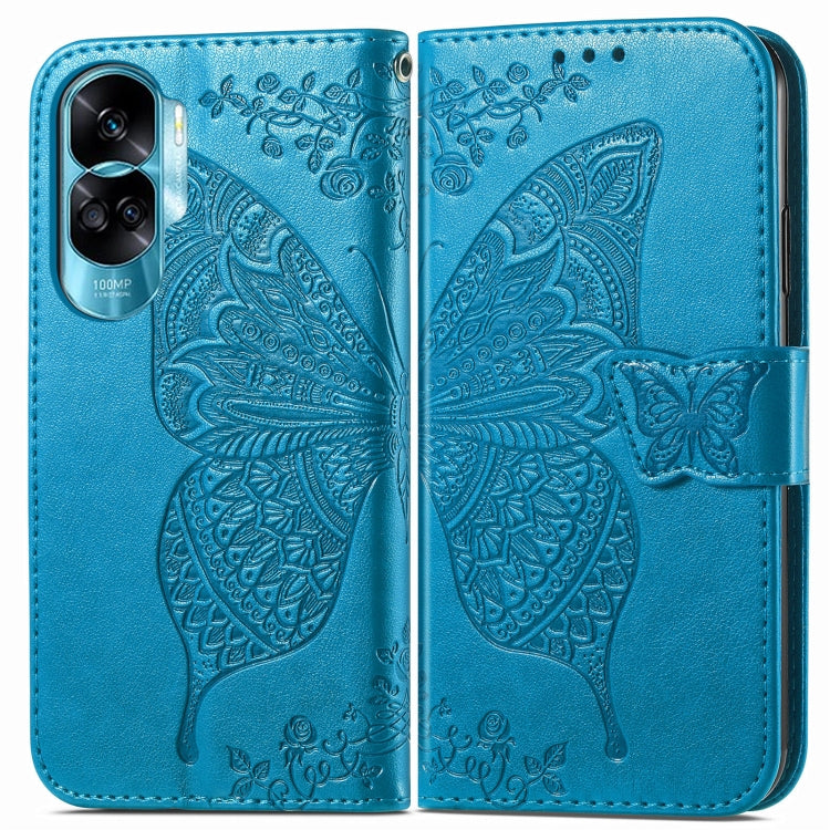 For Honor 90 Lite Butterfly Love Flower Embossed Leather Phone Case(Blue)