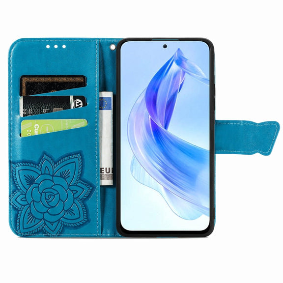 For Honor 90 Lite Butterfly Love Flower Embossed Leather Phone Case(Blue)