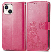 For iPhone 15 Four-leaf Clasp Embossed Buckle Leather Phone Case(Magengta)