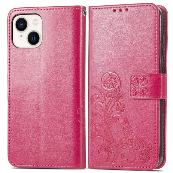For iPhone 15 Four-leaf Clasp Embossed Buckle Leather Phone Case(Magengta)