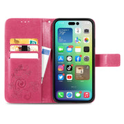For iPhone 15 Four-leaf Clasp Embossed Buckle Leather Phone Case(Magengta)