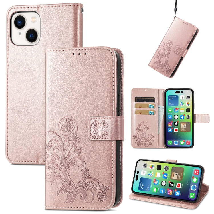 For iPhone 15 Four-leaf Clasp Embossed Buckle Leather Phone Case(Rose Gold)