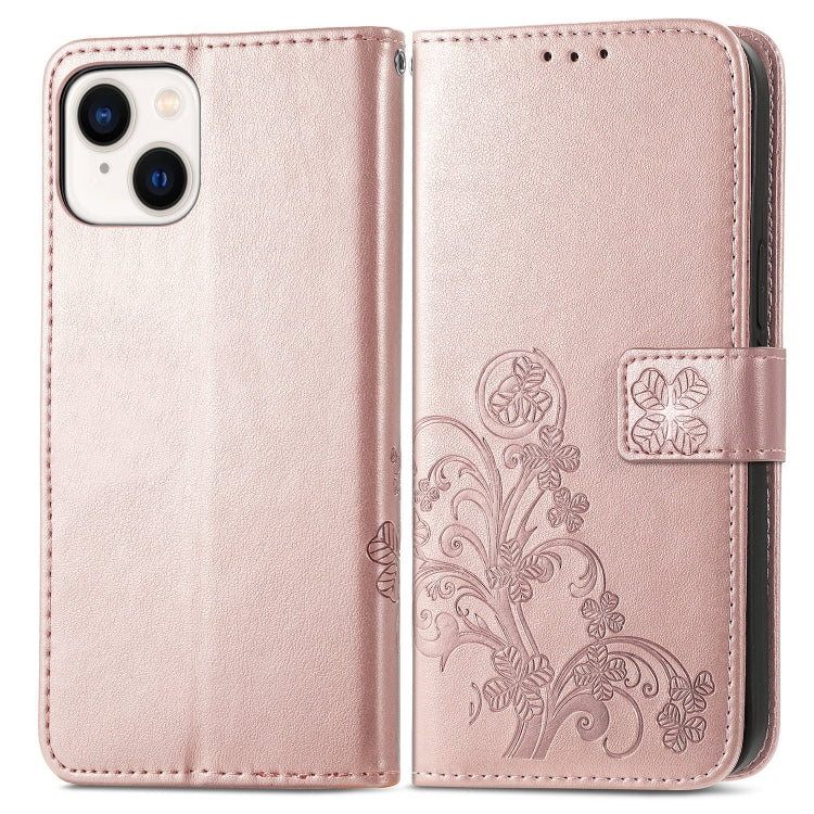 For iPhone 15 Four-leaf Clasp Embossed Buckle Leather Phone Case(Rose Gold)