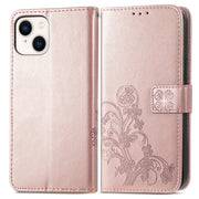 For iPhone 15 Four-leaf Clasp Embossed Buckle Leather Phone Case(Rose Gold)