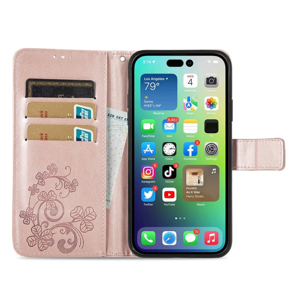 For iPhone 15 Four-leaf Clasp Embossed Buckle Leather Phone Case(Rose Gold)