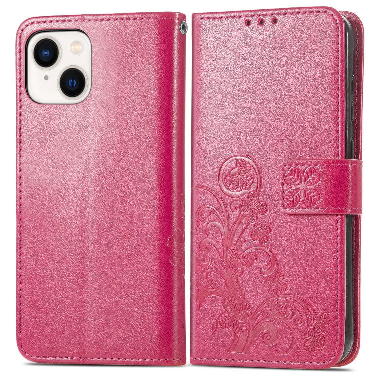 For iPhone 15 Plus Four-leaf Clasp Embossed Buckle Leather Phone Case(Magengta)