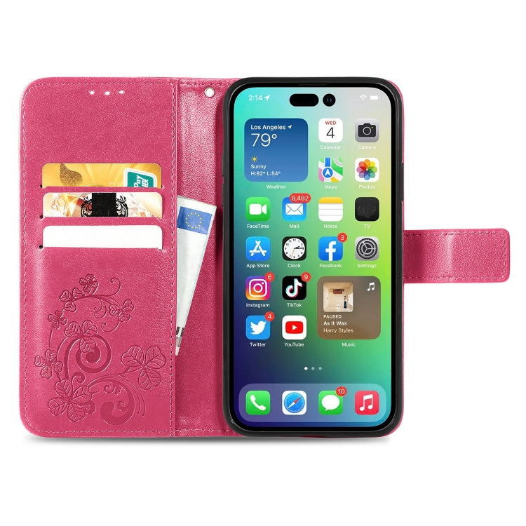 For iPhone 15 Plus Four-leaf Clasp Embossed Buckle Leather Phone Case(Magengta)