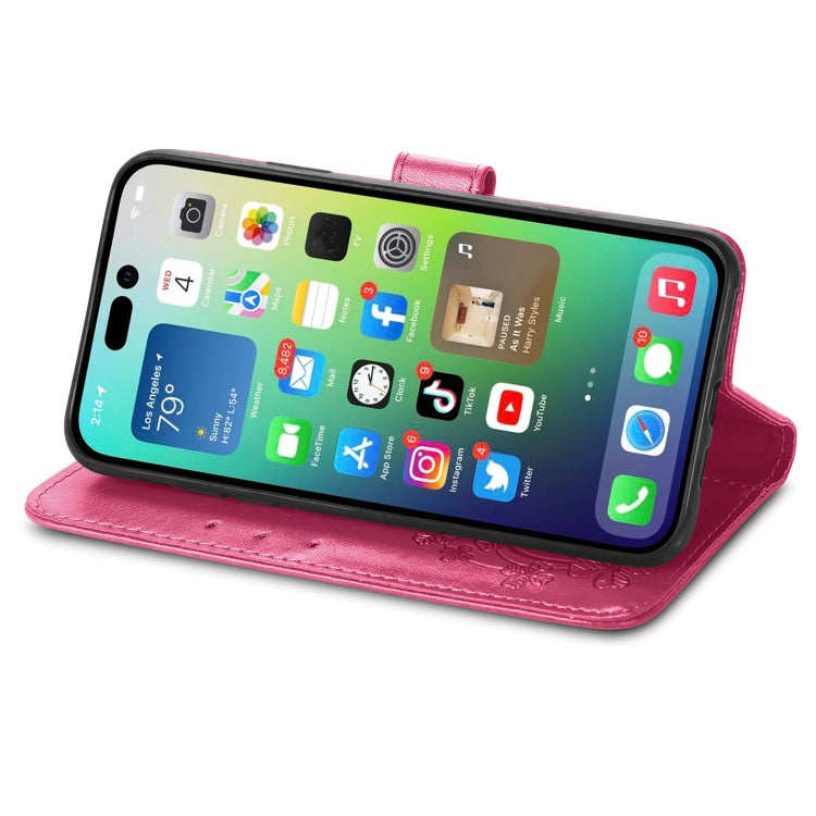 For iPhone 15 Plus Four-leaf Clasp Embossed Buckle Leather Phone Case(Magengta)