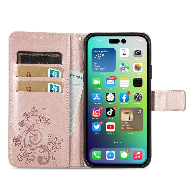 For iPhone 15 Plus Four-leaf Clasp Embossed Buckle Leather Phone Case(Rose Gold)