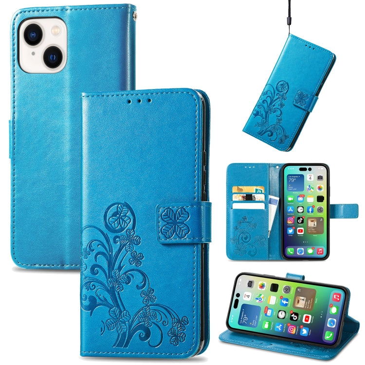 For iPhone 15 Plus Four-leaf Clasp Embossed Buckle Leather Phone Case(Blue)