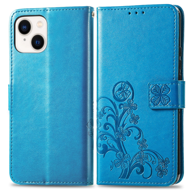 For iPhone 15 Plus Four-leaf Clasp Embossed Buckle Leather Phone Case(Blue)