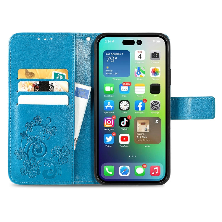 For iPhone 15 Plus Four-leaf Clasp Embossed Buckle Leather Phone Case(Blue)