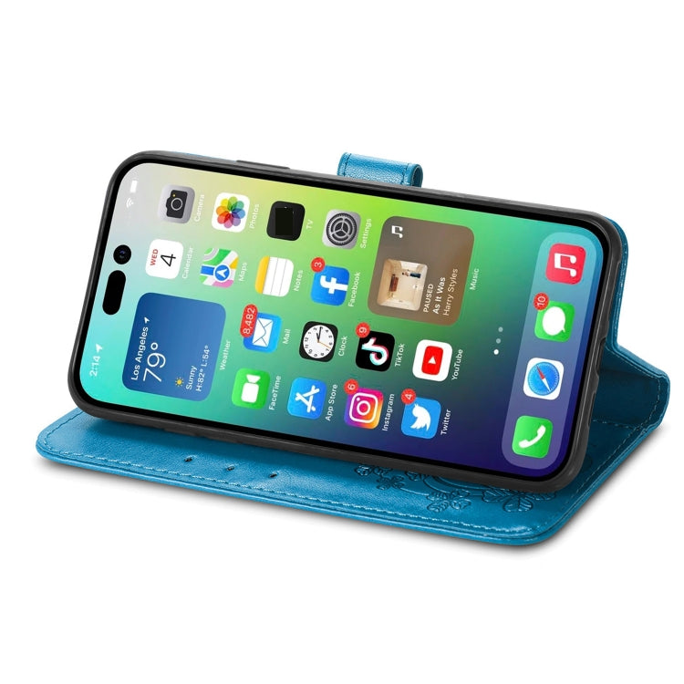 For iPhone 15 Plus Four-leaf Clasp Embossed Buckle Leather Phone Case(Blue)
