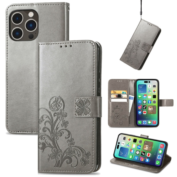 For iPhone 15 Pro Four-leaf Clasp Embossed Buckle Leather Phone Case(Gray)