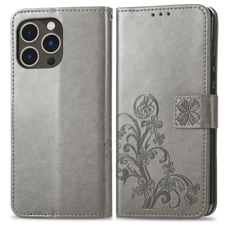 For iPhone 15 Pro Four-leaf Clasp Embossed Buckle Leather Phone Case(Gray)