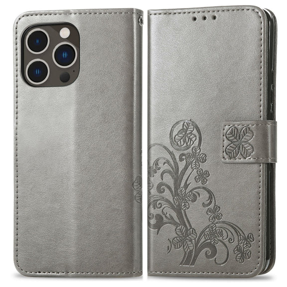 For iPhone 15 Pro Four-leaf Clasp Embossed Buckle Leather Phone Case(Gray)