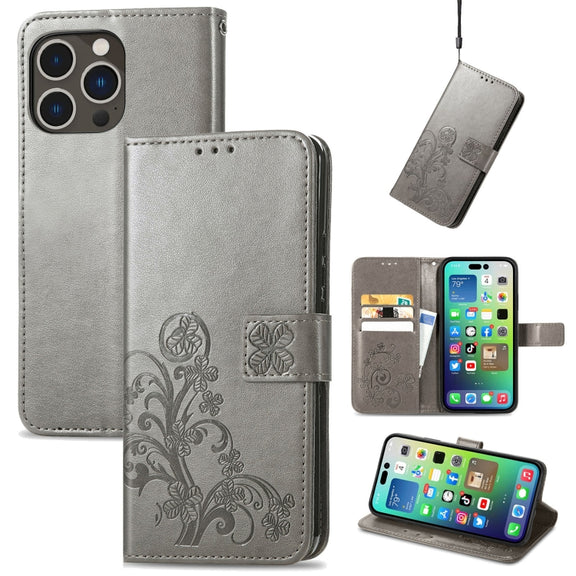 For iPhone 15 Pro Four-leaf Clasp Embossed Buckle Leather Phone Case(Gray)