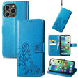 For iPhone 15 Pro Max Four-leaf Clasp Embossed Buckle Leather Phone Case(Blue) - iPhone 15 Pro Max Cases by PMC TechLife | Online Shopping South Africa | PMC TechLife