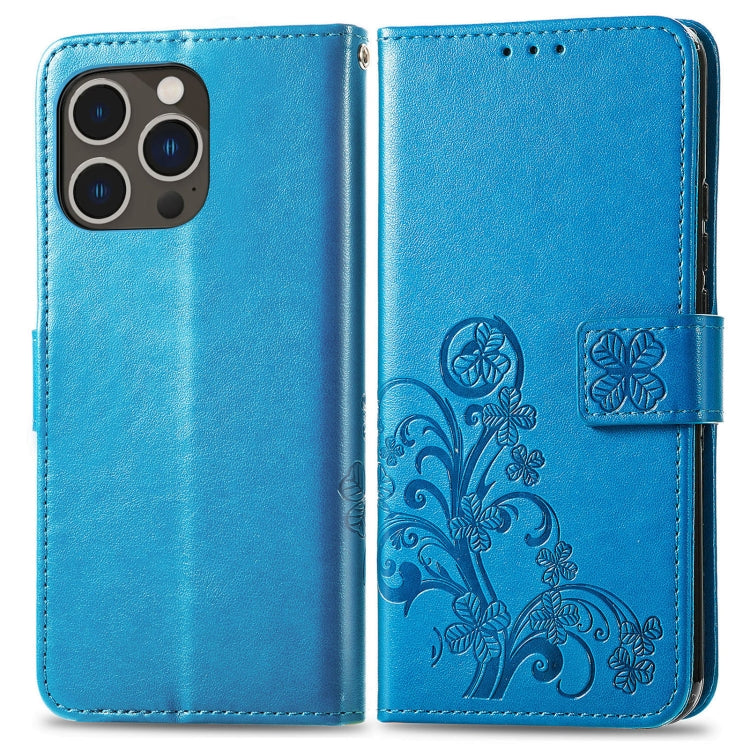 For iPhone 15 Pro Max Four-leaf Clasp Embossed Buckle Leather Phone Case(Blue)