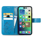 For iPhone 15 Pro Max Four-leaf Clasp Embossed Buckle Leather Phone Case(Blue)