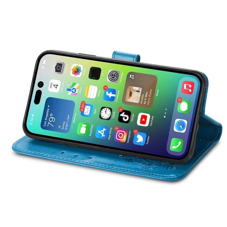 For iPhone 15 Pro Max Four-leaf Clasp Embossed Buckle Leather Phone Case(Blue)