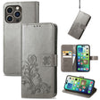 For iPhone 15 Pro Max Four-leaf Clasp Embossed Buckle Leather Phone Case(Gray) - iPhone 15 Pro Max Cases by PMC TechLife | Online Shopping South Africa | PMC TechLife