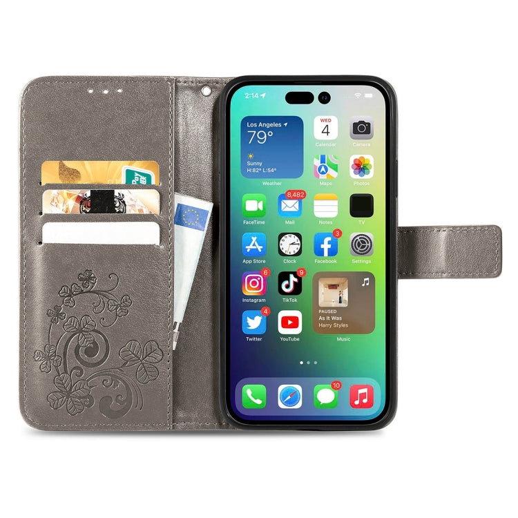 For iPhone 15 Pro Max Four-leaf Clasp Embossed Buckle Leather Phone Case(Gray)