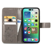 For iPhone 15 Pro Max Four-leaf Clasp Embossed Buckle Leather Phone Case(Gray)