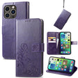 For iPhone 15 Pro Max Four-leaf Clasp Embossed Buckle Leather Phone Case(Purple) - iPhone 15 Pro Max Cases by PMC TechLife | Online Shopping South Africa | PMC TechLife
