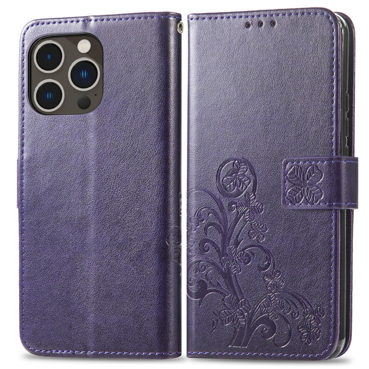 For iPhone 15 Pro Max Four-leaf Clasp Embossed Buckle Leather Phone Case(Purple)