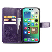 For iPhone 15 Pro Max Four-leaf Clasp Embossed Buckle Leather Phone Case(Purple)
